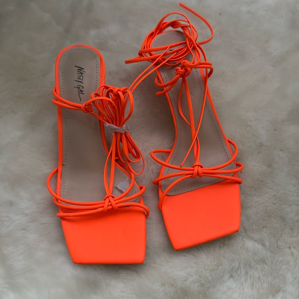 NEW Nasty Gal neon orange Strappy Low Heels 8 / 39